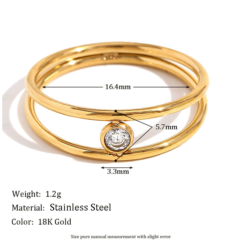 Minimalist Geometric Stainless Steel Ring with 18K Gold Plating and White Rhinestone Accents for Women