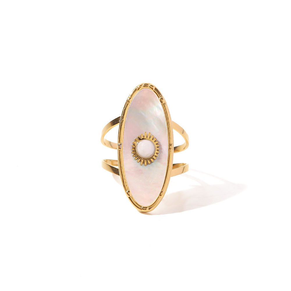 Vintage French Style 18K Gold Plated Stainless Steel Oval Mother of Pearl and Pearl Inlay Open Ring for Women