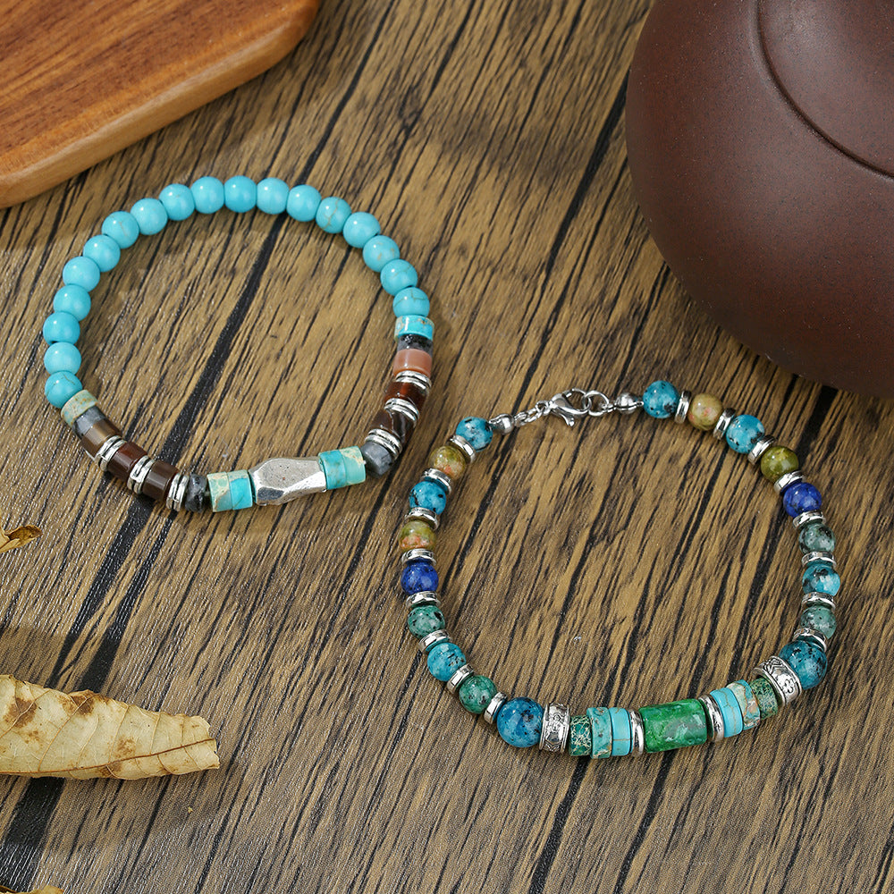 Vintage Handmade Geometric Turquoise and Hematite Beaded Bracelet for Unisex