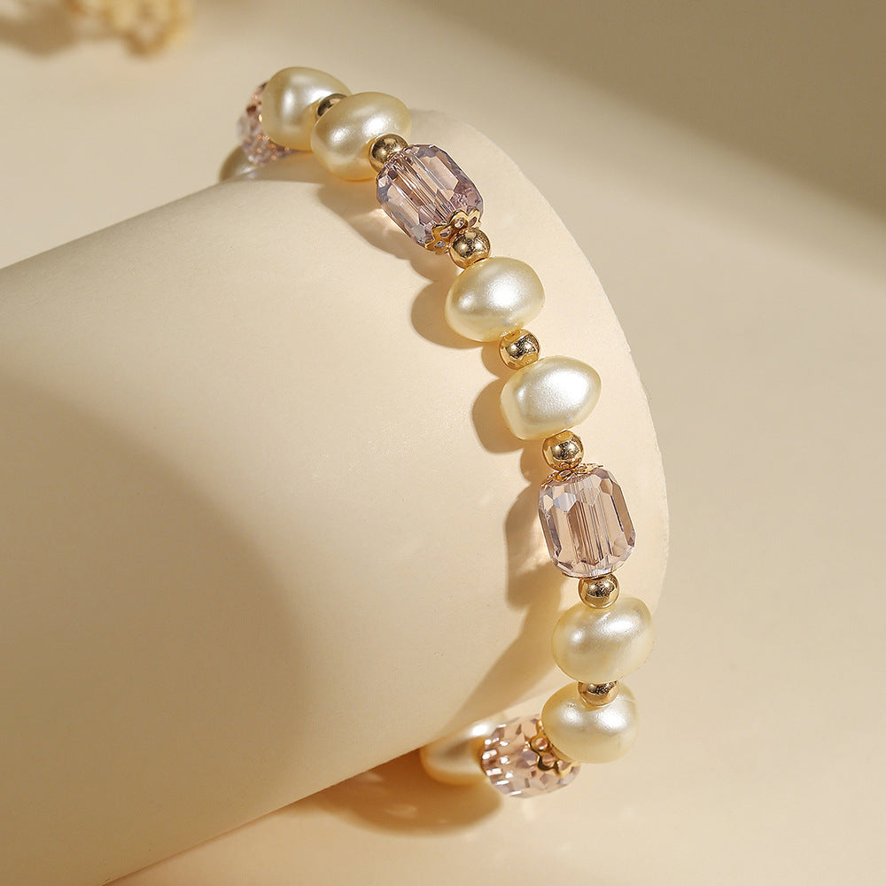 Vintage Elegant Purple Crystal Imitation Pearl Geometric Glass Bracelet for Women