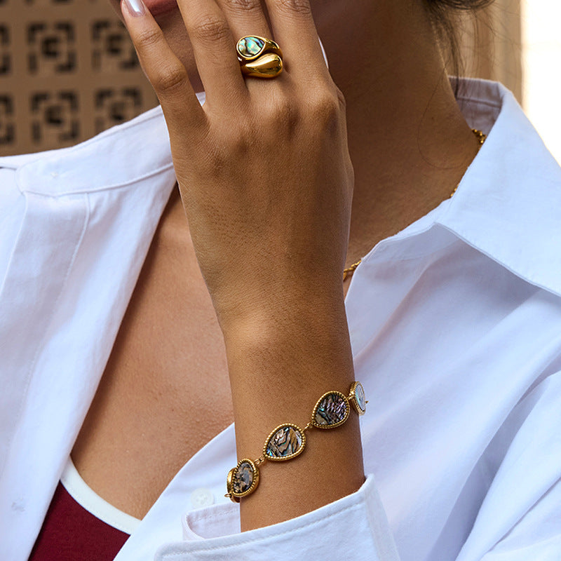 Bracciale di lusso geometrico in acciaio inossidabile placcato oro 18 carati con conchiglia di abalone da donna