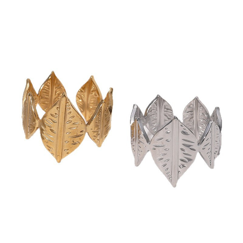 Minimalist Leaf-Shaped Stainless Steel Adjustable Open Ring for Women with Gold Plating