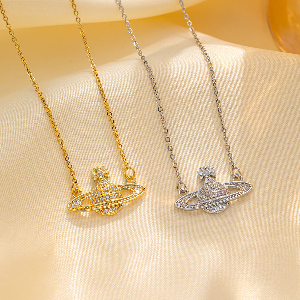 Fashion-Forward Geometric Saturn Pendant Necklace in Titanium Steel with Rhinestone Inlay and Electroplated Finish for Women