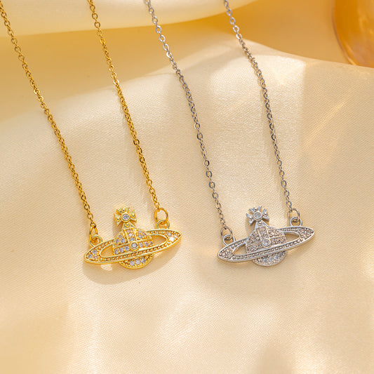 Fashion-Forward Geometric Saturn Pendant Necklace in Titanium Steel with Rhinestone Inlay and Electroplated Finish for Women
