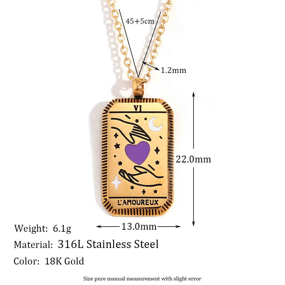 Collana con ciondolo quadrato minimalista a tarocchi da donna in acciaio al titanio con placcatura in oro 18 carati e design geometrico