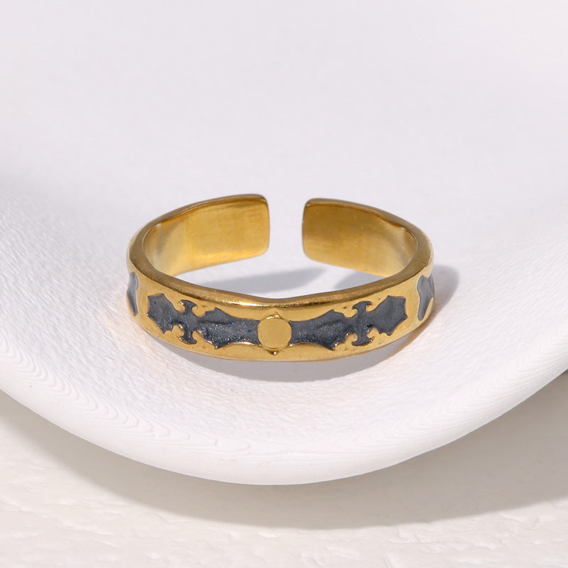 Vintage Stainless Steel Adjustable Ring with 18K Gold Plating and Enamel Finish for Women