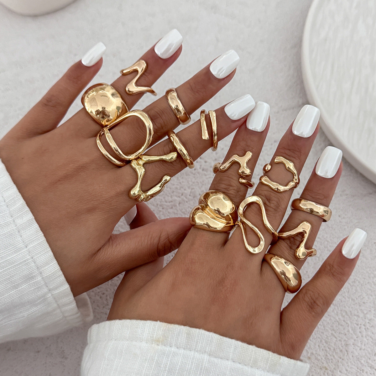 Luxury Elegant Geometric Oval Alloy Plated Irregular Liquid Lava Wrinkle Open Ring for Women