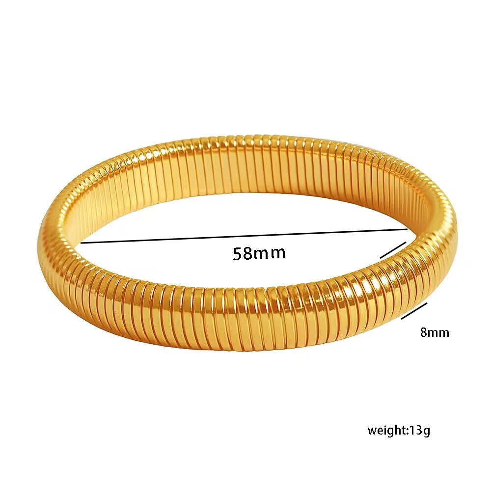 Bracciale rotondo elastico minimalista in acciaio inossidabile con placcatura in oro 18 carati e design a righe