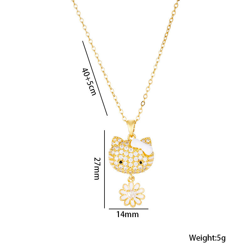 Collana con ciondolo di lusso a forma di gatto floreale da donna in acciaio al titanio con intarsi di strass su catena a O