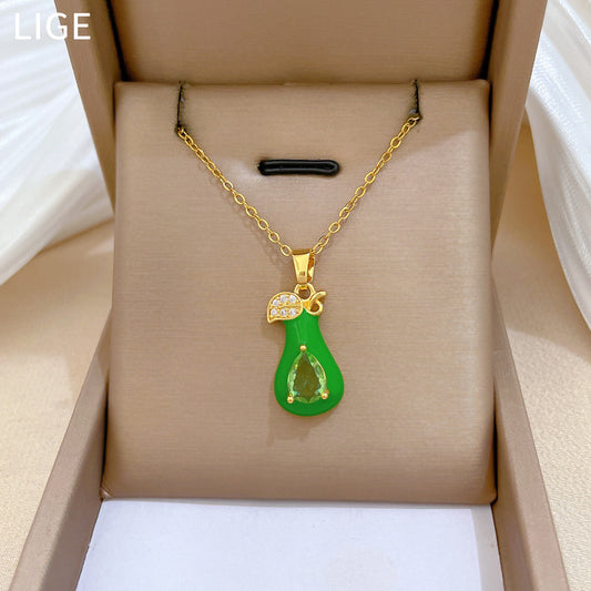 Sweet Green Teardrop Leaf Rhinestone Titanium Steel Necklace Unisex Cable Chain