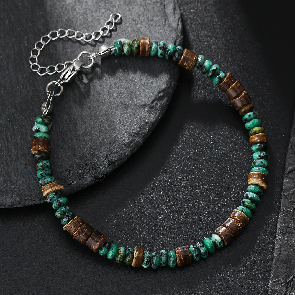Maillard Tone Geometric Round Wood Bead Stainless Steel Bracelet
