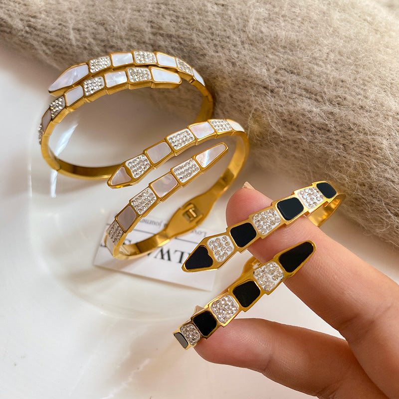 Minimalist Snake Shape Micro-Inlaid Cubic Zirconia Titanium Steel Snake Chain Bracelet