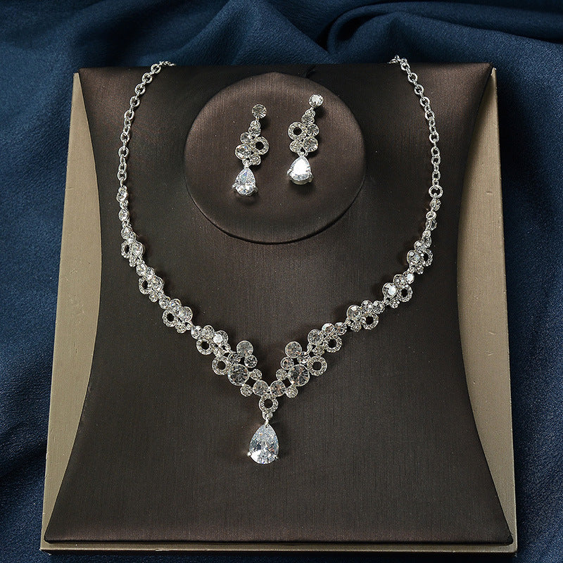 Minimalist Elegant Floral Alloy Plated Cubic Zirconia Rhinestone Necklace and Earring Set with Cable Chain for Women Wedding Bridal Jewelry