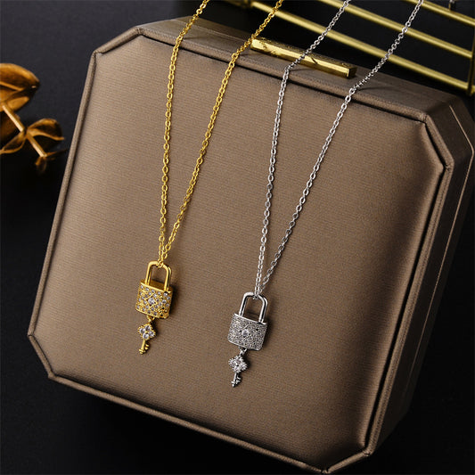 Fashion Titanium Steel Key-Shaped Pendant Necklace with Full Rhinestone Inlay on Ball Chain for Women