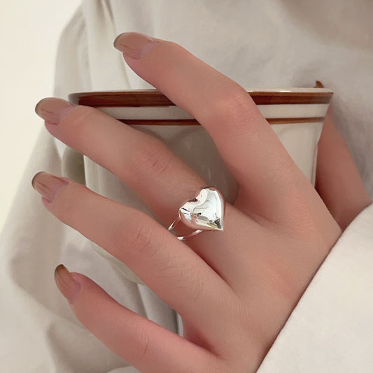Vintage Heart-Shaped 925 Sterling Silver Adjustable Ring for Women with Antique Finish