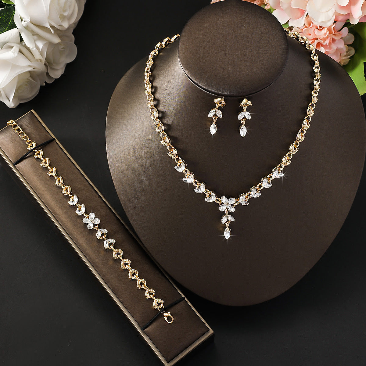 Ethereal Floral Collar Necklace Set with Rhinestone Inlay for Women - Matching Bracelet and Stud Earrings for Party and Evening Wear