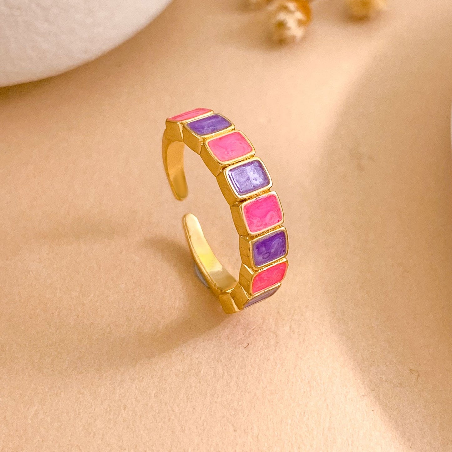Minimalist Sweet Square Geometric Enamel Gold Plated Brass Ring for Women Adjustable