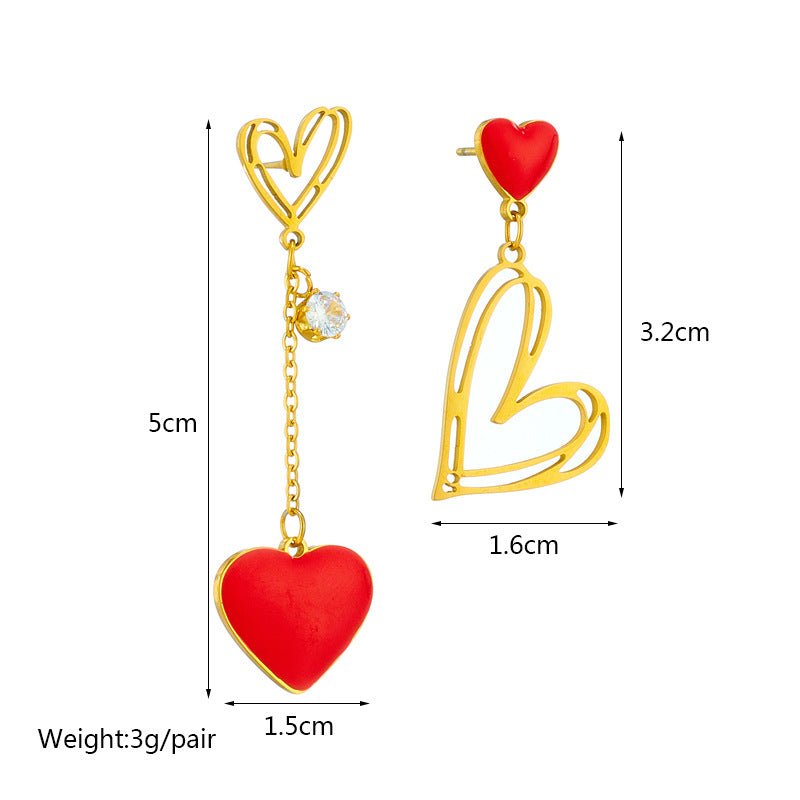 Asymmetrical Hollow Heart Titanium Steel Dangle Earrings for Women with Plated Finish
