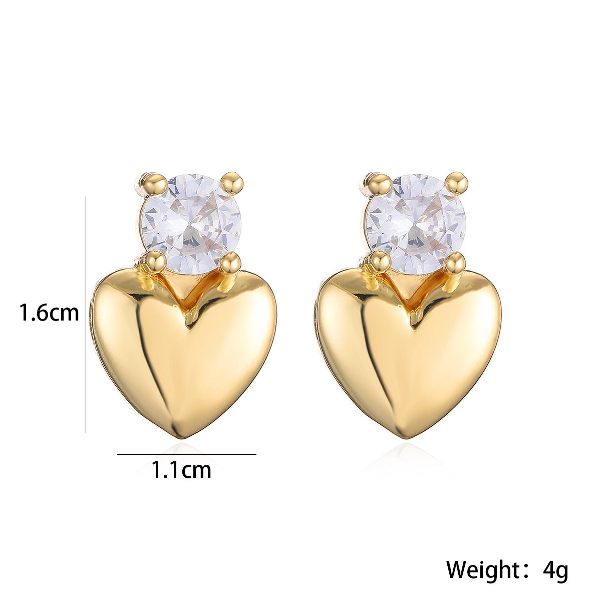 Minimalist 18K Gold Plated Brass Heart Stud Earrings with Cubic Zirconia for Women