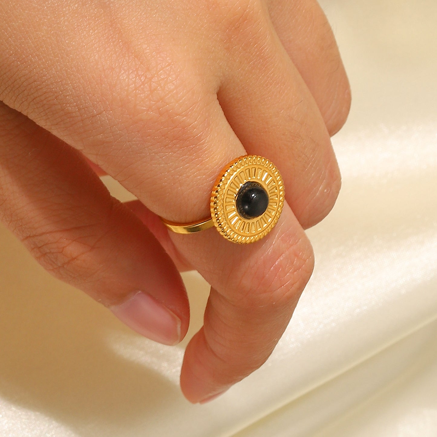 Minimalist Geometric Black Stainless Steel Adjustable Ring with Round Disc Pendant for Women