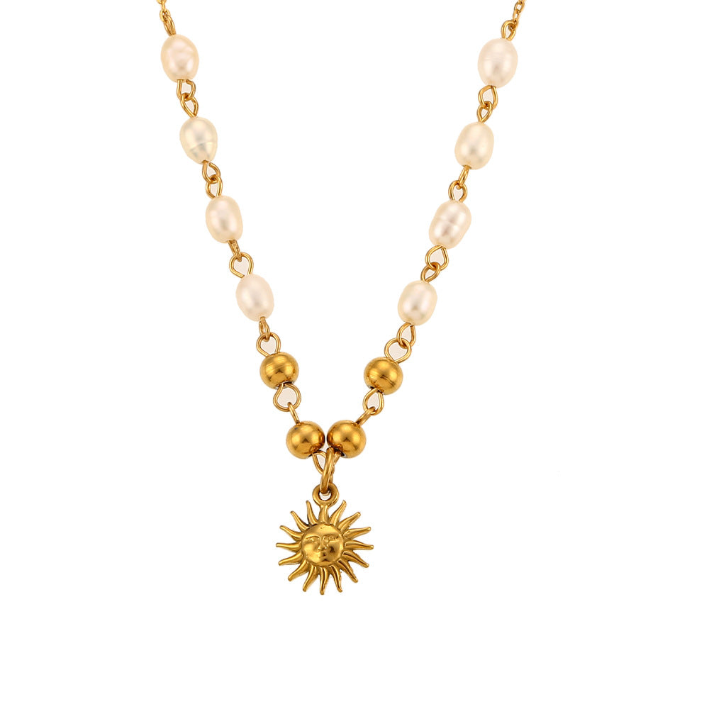 Minimalist Sun-Shaped Pendant Necklace in Stainless Steel with Gold-Plated Titanium Steel Charm and Freshwater Pearl Accents on Standard Chain