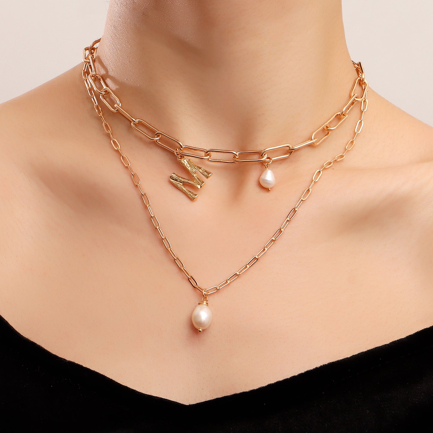 Punk Style Double-Layer Alloy Letter M Pendant Necklace for Women with Plated Finish and Clavicle Chain