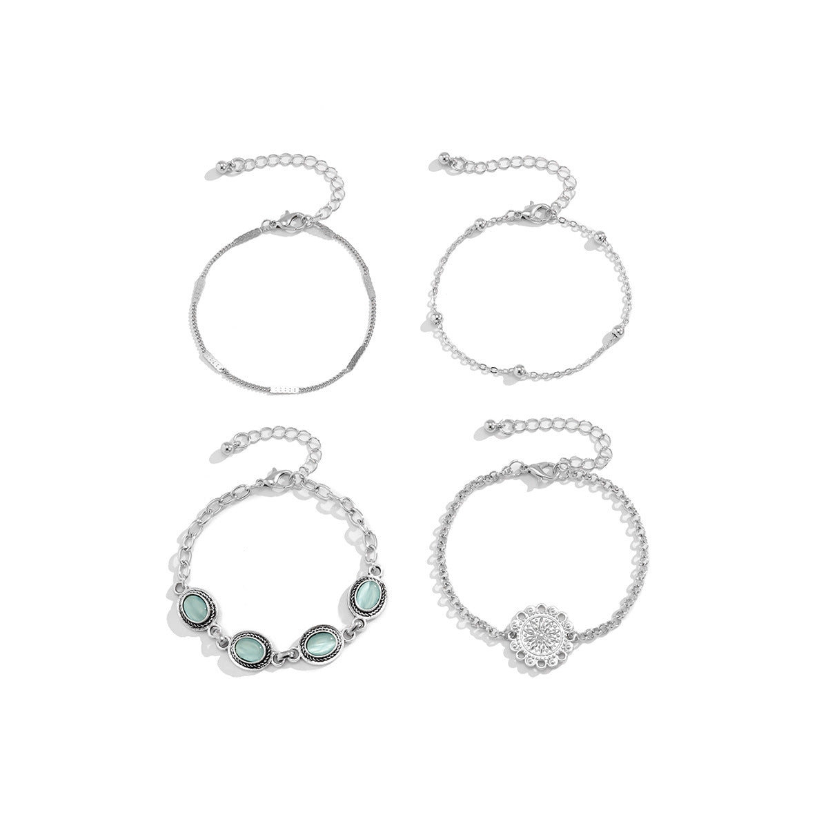 Ethnic Style Geometric Hollow-Out Cat's Eye Stone Stackable Bracelet Set in Alloy with Electroplated Finish