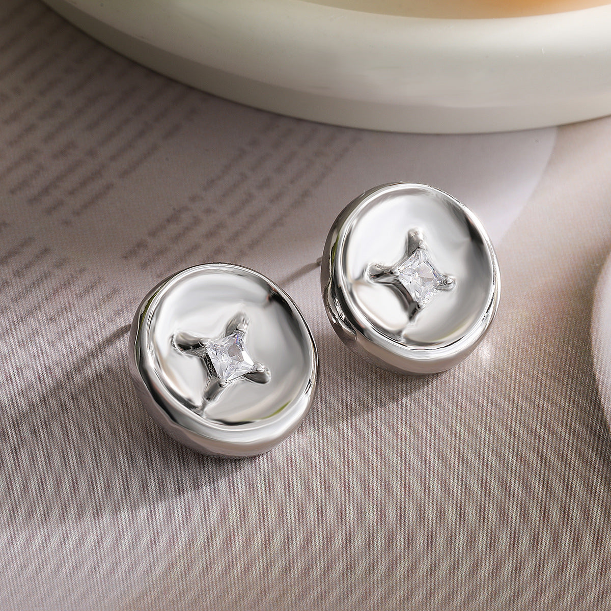 Minimalist Geometric Button Stud Earrings for Women in Brass with Gold Plating and Zircon Inlay