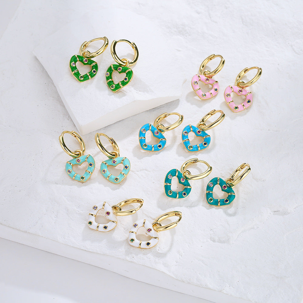 Bohemian Style Geometric Copper Earrings with Gold Plating and Enamel Heart Accent for Women