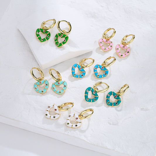 Bohemian Style Geometric Copper Earrings with Gold Plating and Enamel Heart Accent for Women