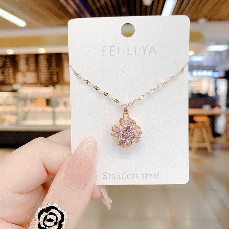 Collana da Donna con Ciondolo Trifoglio Fortunato Girevole in Acciaio Inossidabile Placcato, Girocollo Corto con Maglia a O