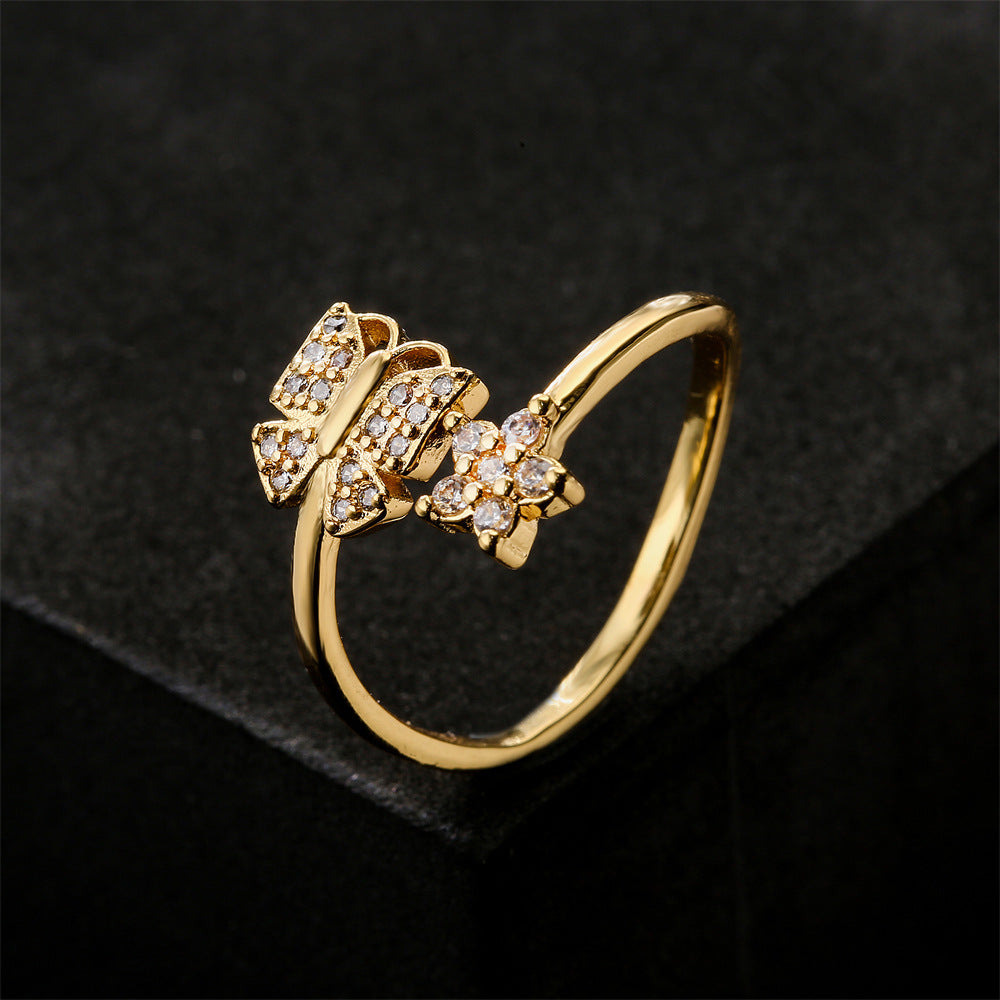 Minimalist Geometric Brass Ring with 18K Gold Plating and Cubic Zirconia Inlay for Women