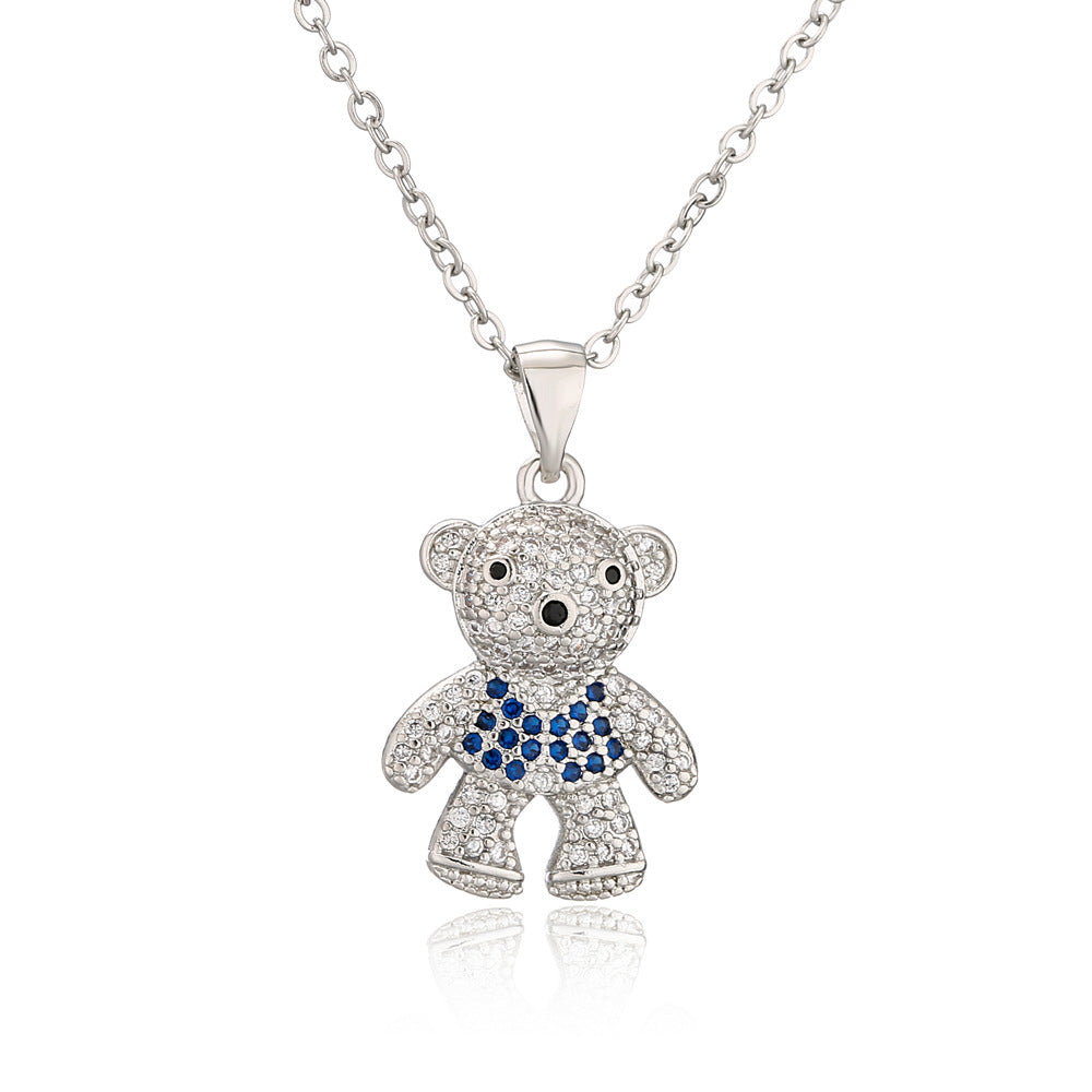 Collana con ciondolo a forma di orsetto per donna in rame con intarsio di zirconi, catena a O, design geometrico