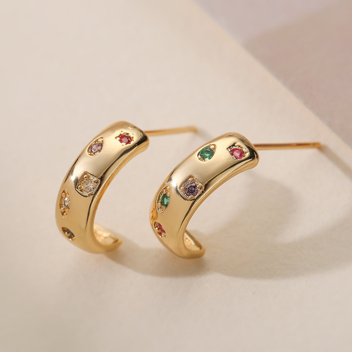 Minimalist Geometric C-Shaped Zirconia Stud Earrings for Women with 18K Gold Plated Posts and Micro-Pave Setting