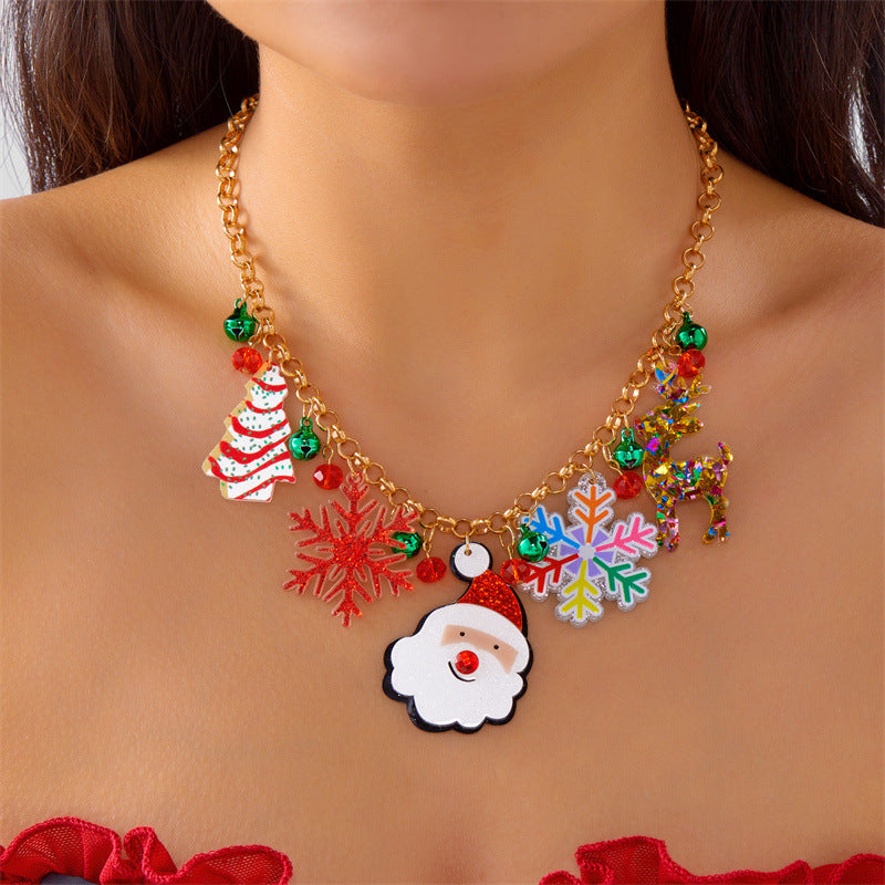 Collar con colgante de árbol de Navidad y hombre de jengibre para mujer, chapado en aleación con motivos festivos de copos de nieve y campanas