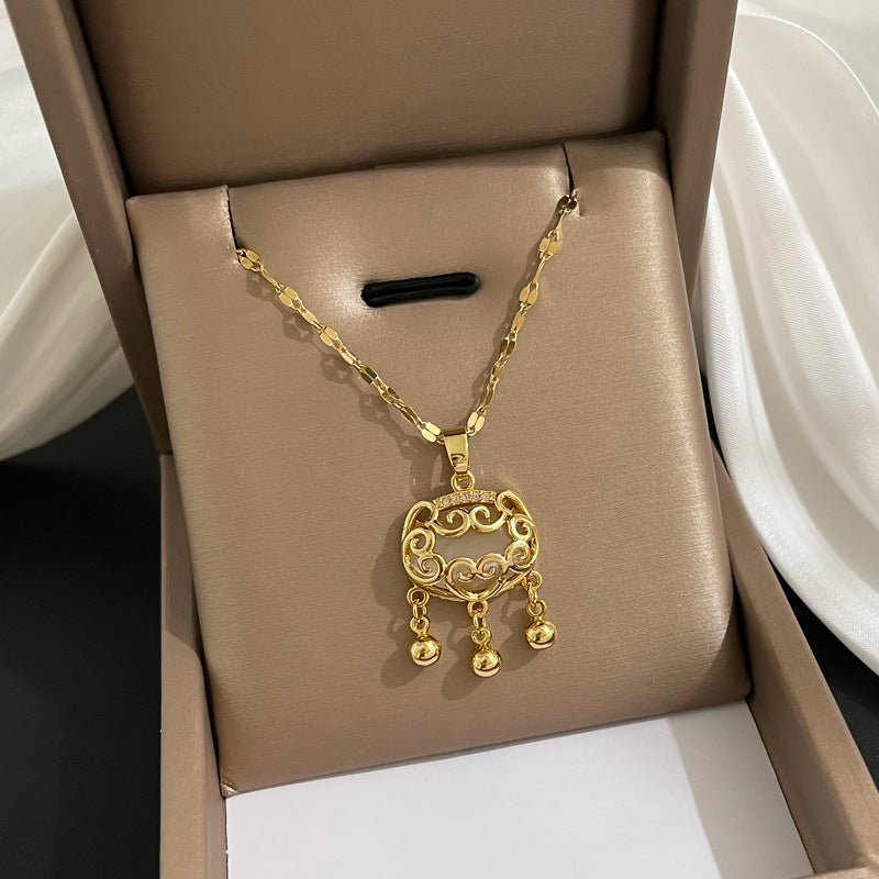 Minimalist Geometric Titanium Steel Necklace with Gold Plated Brass Pendant and Rhinestone Inlay