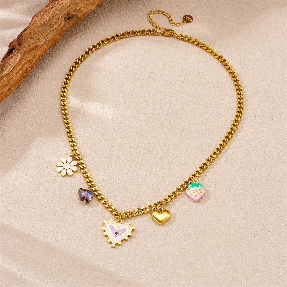 Sweet Gradient Strawberry Floral Heart Pendant Necklace in Stainless Steel with Plated Finish