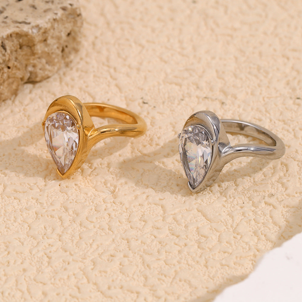 Fashion Elegant Geometric Teardrop Gold Plated Stainless Steel Ring with Rhinestone for Women