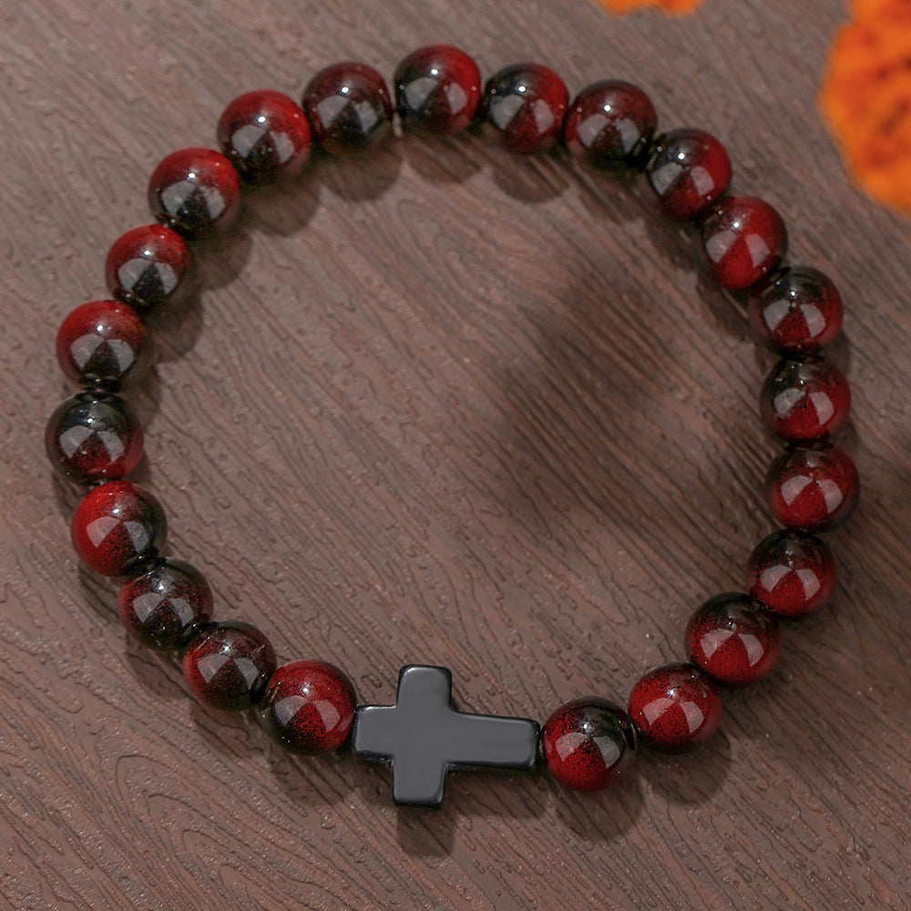 Handmade Geometric Cross Turquoise Tiger Eye Obsidian Lapis Lazuli Beaded Bracelet Unisex