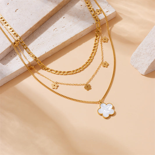 Korean Style Fashionable Vintage Gold Plated Floral Stainless Steel Pendant Necklace for Women Multi Layer Stackable Chain Jewelry