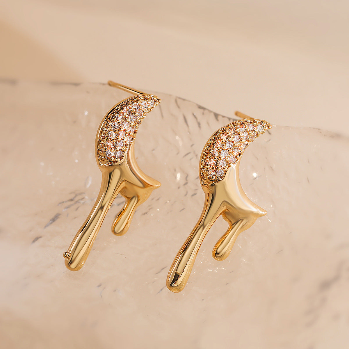 Minimalist Geometric Star and Moon Stud Earrings for Women in Brass with Real Gold Plating and Zircon Inlay