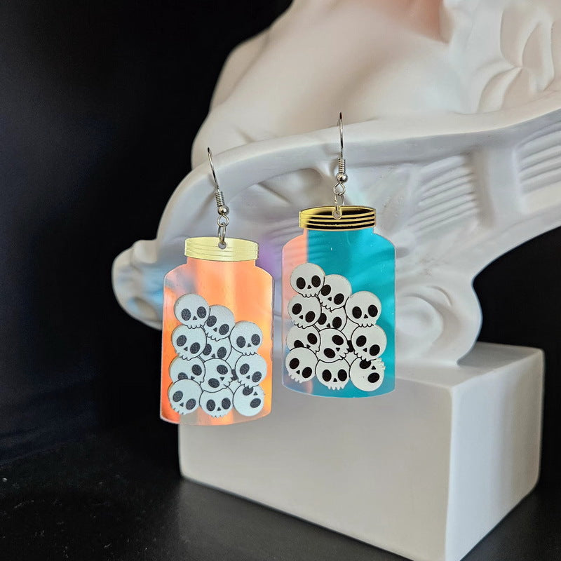Accessori da donna con orecchini in acrilico a forma di teschio di Halloween carini-grintosi con effetto arcobaleno stampato