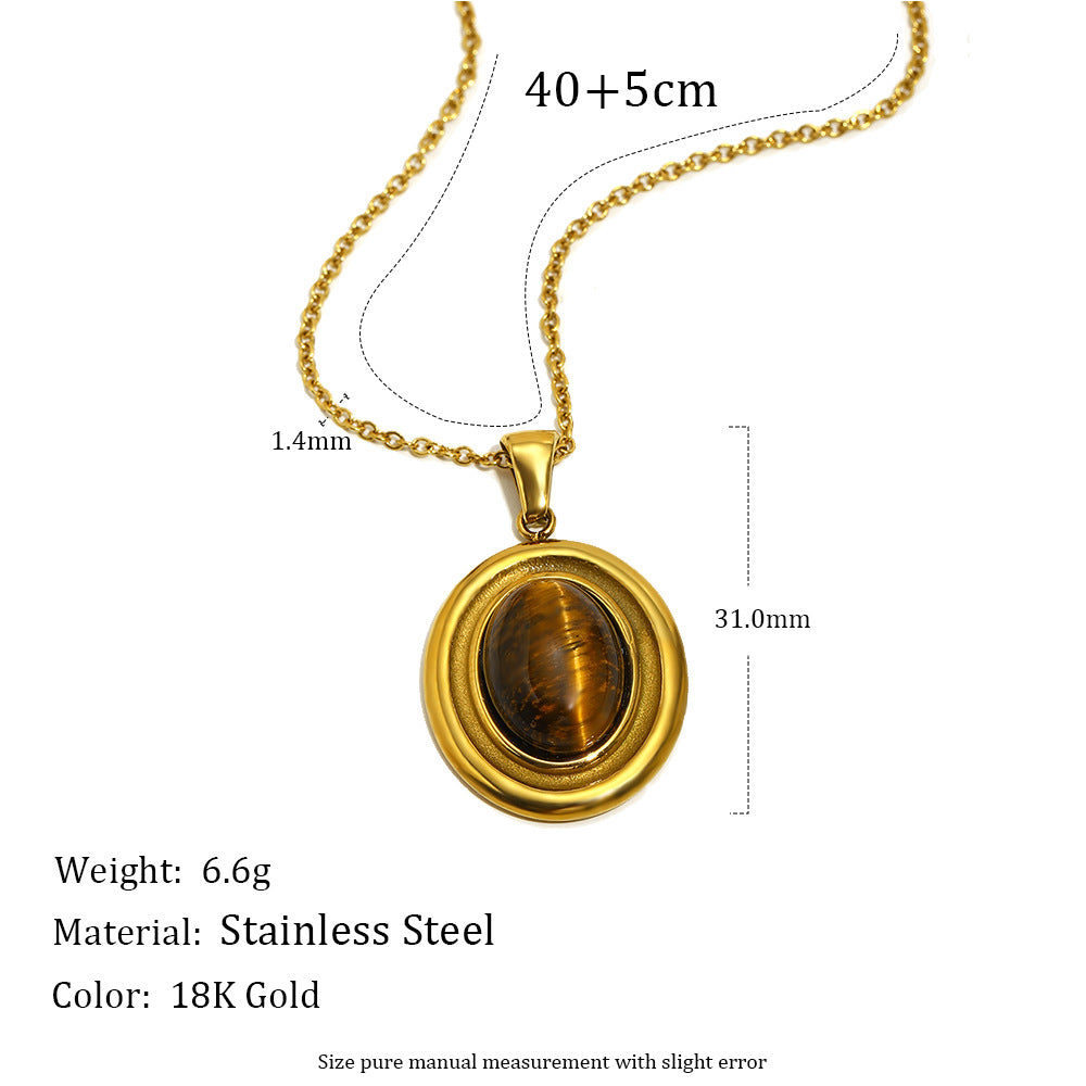Minimalist Oval Tiger Eye Cross Necklace in Stainless Steel with 18K Gold Plating for Women
