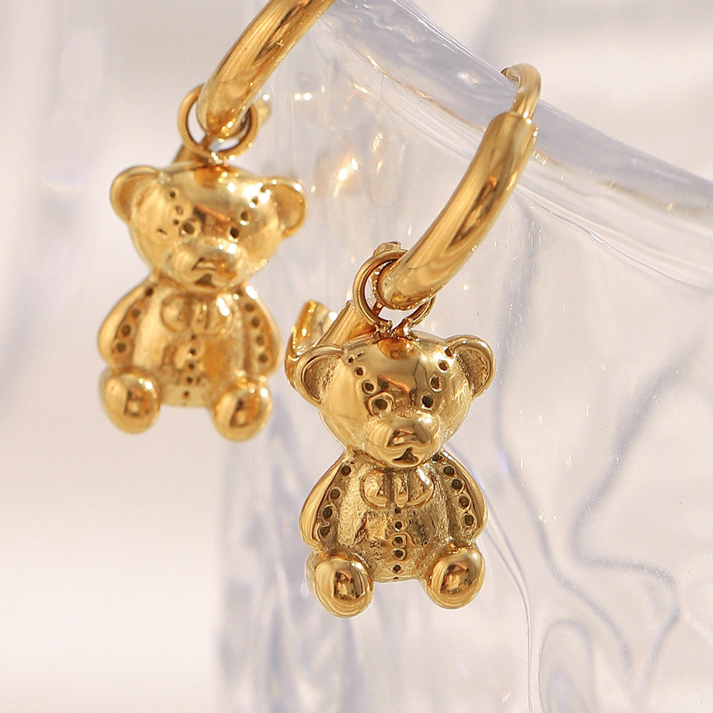 Minimalist Bear-Shaped Stainless Steel Earrings with 18K Gold Plating for Women