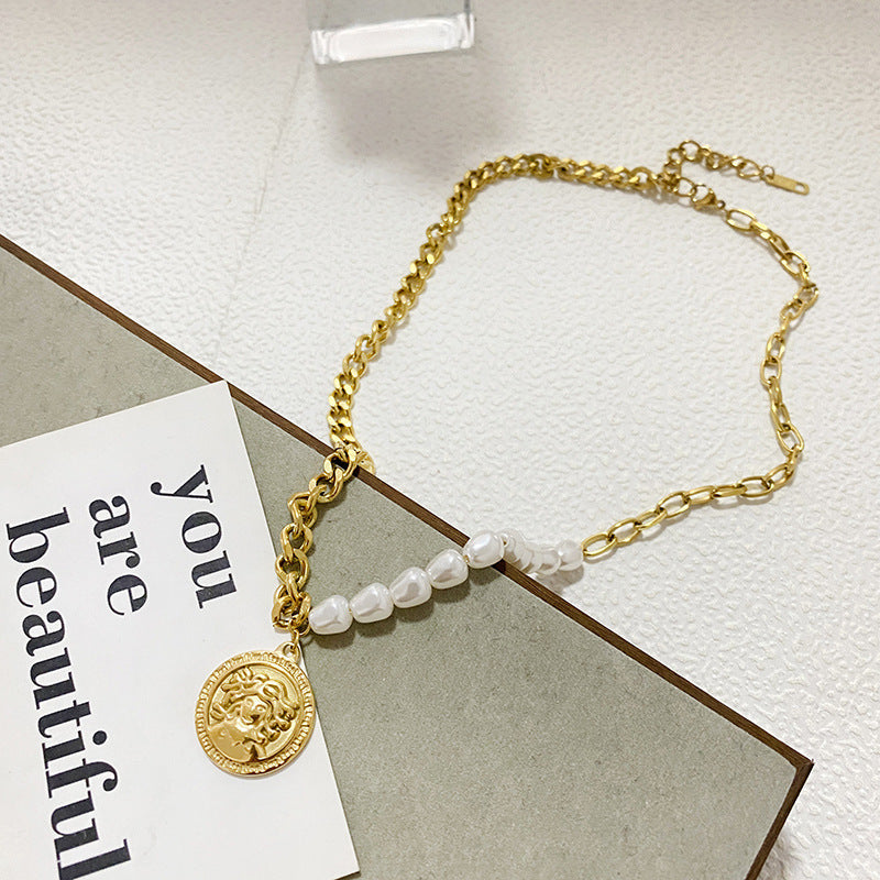 Baroque Geometric Gold Plated Titanium Steel Necklace with Pearl Beads for Unisex