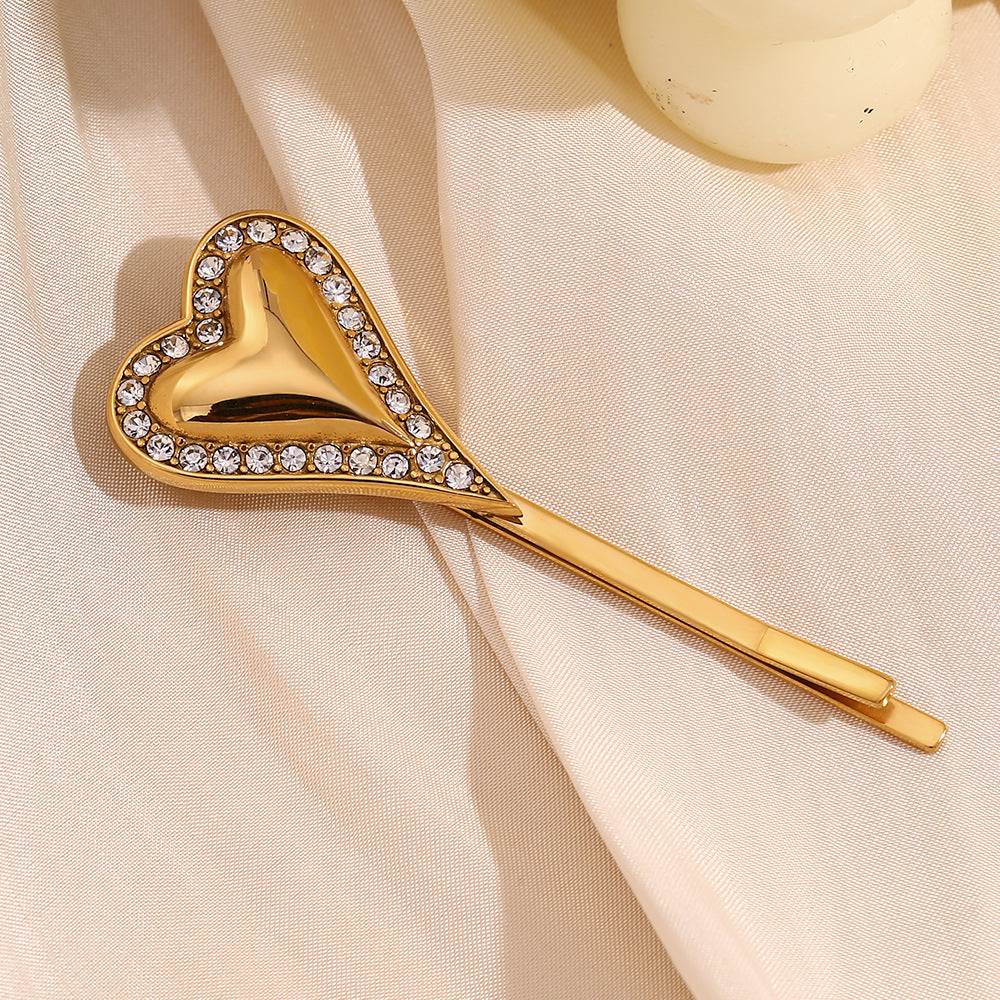 Fermaglio Vintage per Capelli in Acciaio Inossidabile a Forma di Cuore con Placcatura in Oro 18K e Strass per Donna