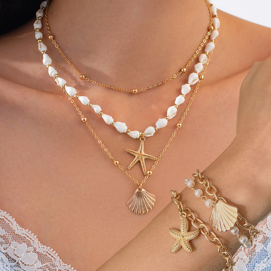 Collar de aleación de zinc apilable con colgante en forma de estrella, borla y cadena irregular para mujer