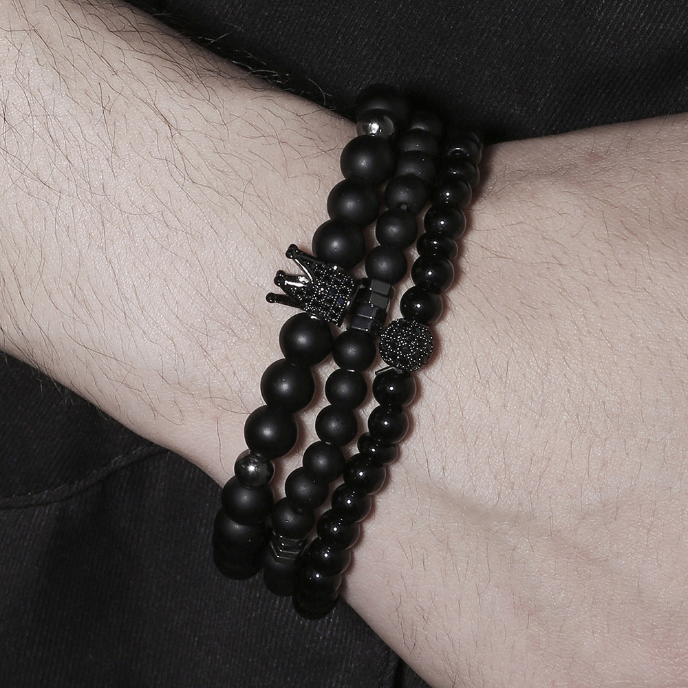 Matte Black Wood Hematite and Agate Beaded Stretch Bracelet Geometric Round Unisex