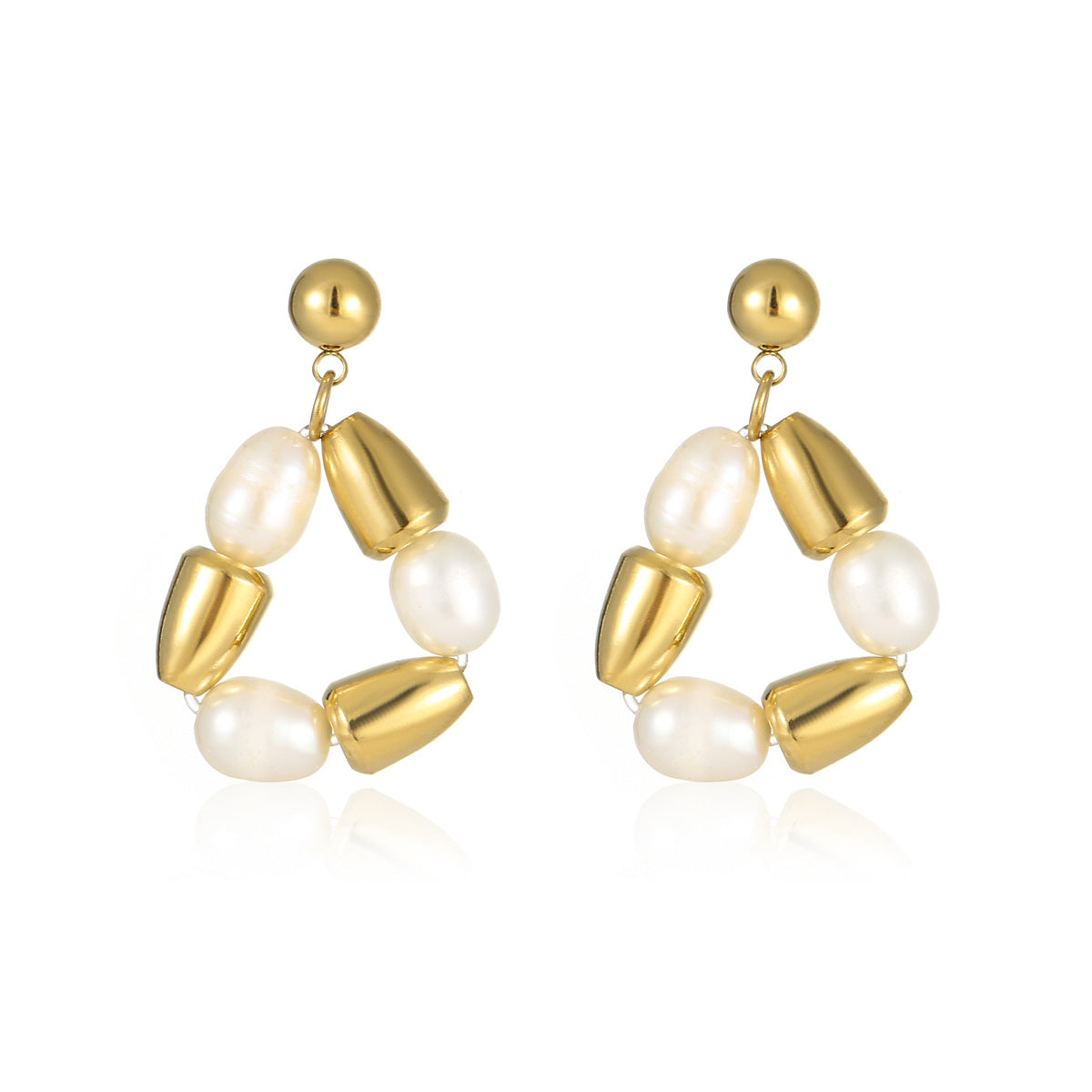 Minimalist Geometric Titanium Steel Stud Earrings with Pearl Inlay for Women, Electroplated Luxury Fashion Accessory