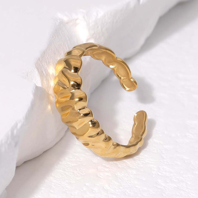 Minimalist Irregular Textured Titanium Steel Open Ring for Women with Gold Plating